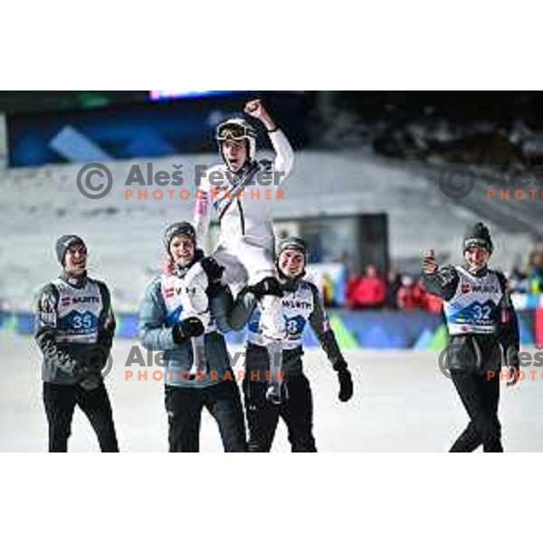 Timi Zajc, New World Champion celebrates victory at Ski jumping Men Large Hill at Planica 2023 World Nordic Championships, Slovenia on March 3, 2023