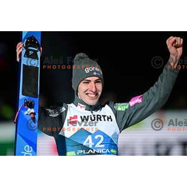 Timi Zajc, New World Champion celebrates victory at Ski jumping Men Large Hill at Planica 2023 World Nordic Championships, Slovenia on March 3, 2023