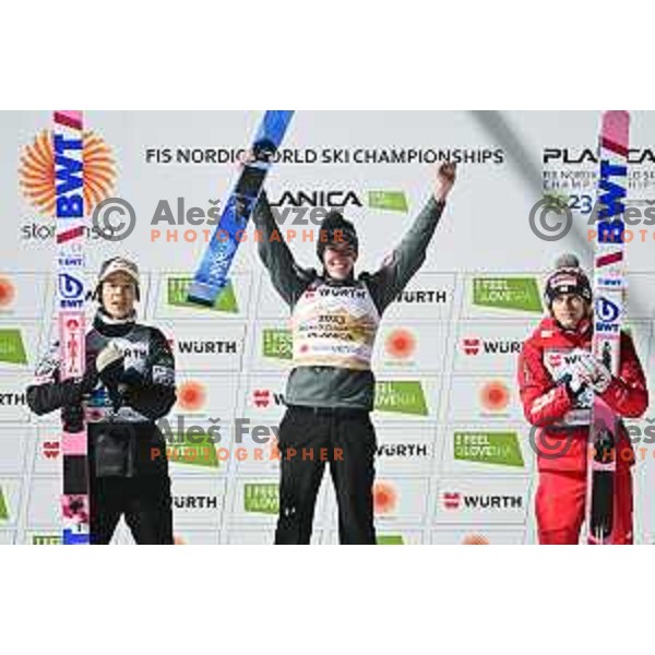 Timi Zajc, New World Champion celebrates victory at Ski jumping Men Large Hill at Planica 2023 World Nordic Championships, Slovenia on March 3, 2023