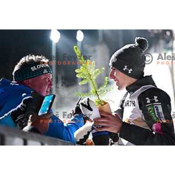 Father Bostjan Zajc and Timi Zajc, New World Champion celebrate victory at Ski jumping Men Large Hill at Planica 2023 World Nordic Championships, Slovenia on March 3, 2023