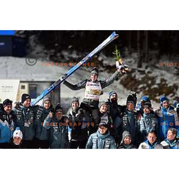 Timi Zajc, New World Champion celebrates victory at Ski jumping Men Large Hill at Planica 2023 World Nordic Championships, Slovenia on March 3, 2023 