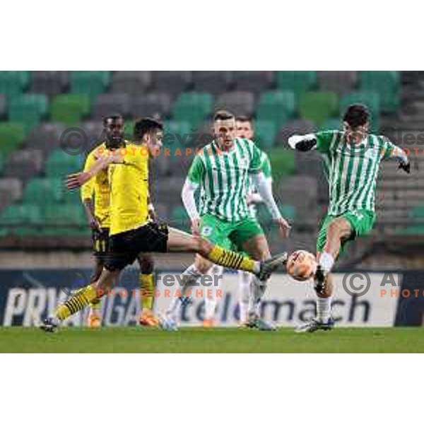 Timi Max Elsnik and Agustin Doffo in action during Prva Liga Telemach 2022-2023 football match between Olimpija and Kalcer Radomlje in SRC Stozice, Ljubljana, Slovenia on March 4, 2023