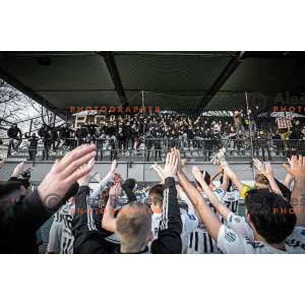 Black Gringos celebrating with players of Mura after winning Prva liga Telemach football match between Mura and Maribor in Fazanerija, Murska Sobota, Slovenia on March 5, 2023. Photo: Jure Banfi