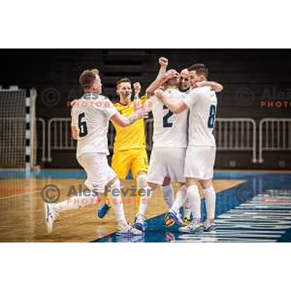 Denis Totoskovic, Nejc Berzelak, Igor Osredkar and Nejc Hozjan celebrating during Futsal World Cup 2024 qualification match between Slovenia and Kazakhstan in Dvorana Tabor, Maribor, Slovenia on March 8, 2023. Photo: Jure Banfi