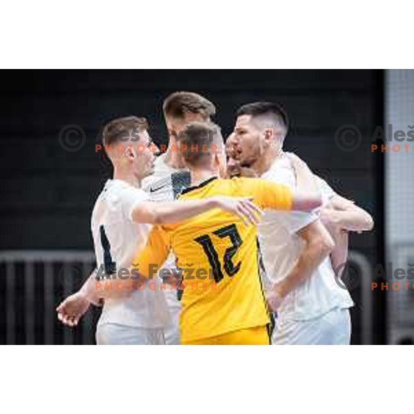 Matej Fidersek and Ziga Ceh celebrating during Futsal World Cup 2024 qualification match between Slovenia and Kazakhstan in Dvorana Tabor, Maribor, Slovenia on March 8, 2023. Photo: Jure Banfi