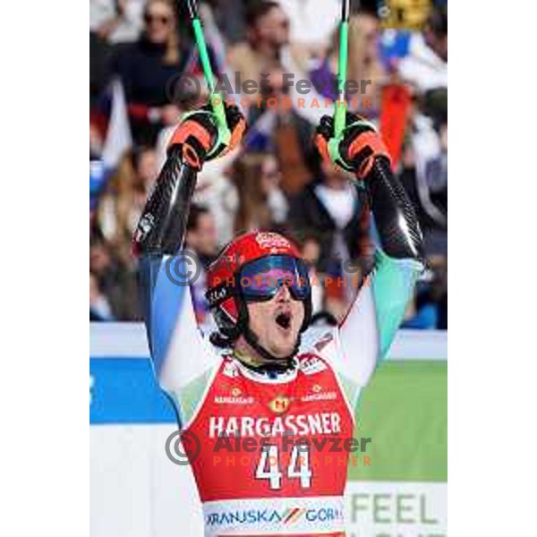 Stefan Hadalin (SLO) in the finish of second run of AUDI FIS Ski World Cup Giant Slalom for 62.Vitranc Cup, Kranjska Gora, Slovenia on March 11, 2023