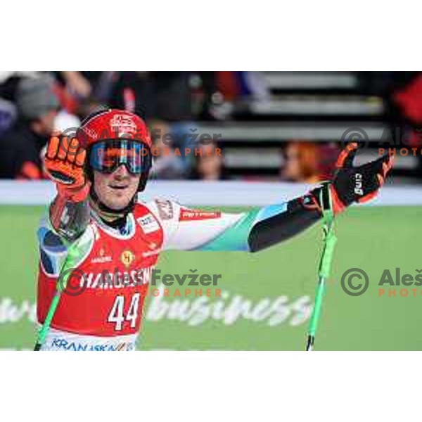 Stefan Hadalin (SLO) in the finish of second run of AUDI FIS Ski World Cup Giant Slalom for 62.Vitranc Cup, Kranjska Gora, Slovenia on March 11, 2023