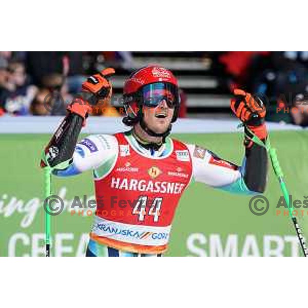 Stefan Hadalin (SLO) in the finish of second run of AUDI FIS Ski World Cup Giant Slalom for 62.Vitranc Cup, Kranjska Gora, Slovenia on March 11, 2023