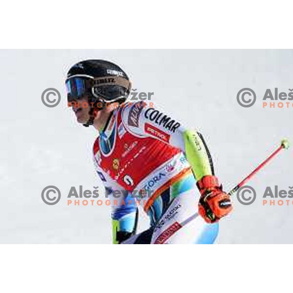 Zan Kranjec (SLO) in the finish of second run of AUDI FIS Ski World Cup Giant Slalom for 62.Vitranc Cup, Kranjska Gora, Slovenia on March 11, 2023