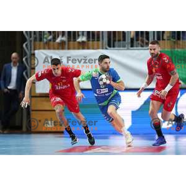 Blaz Janc in action during Men\'s Euro 2024 Qualifiers handball match between Slovenia and Montenegro in Koper, Slovenia on March 12, 2023