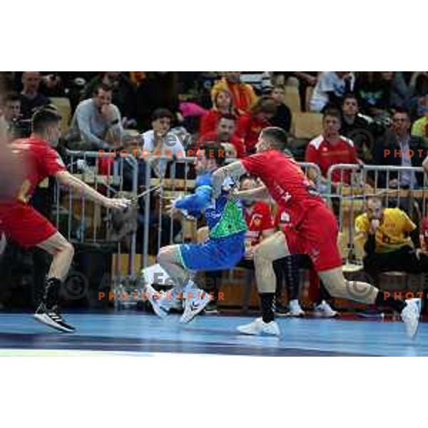 In action during Men\'s Euro 2024 Qualifiers handball match between Slovenia and Montenegro in Koper, Slovenia on March 12, 2023