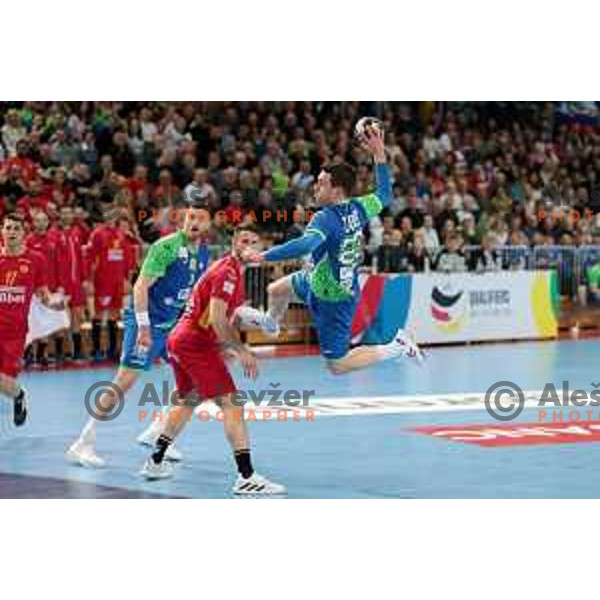 In action during Men\'s Euro 2024 Qualifiers handball match between Slovenia and Montenegro in Koper, Slovenia on March 12, 2023