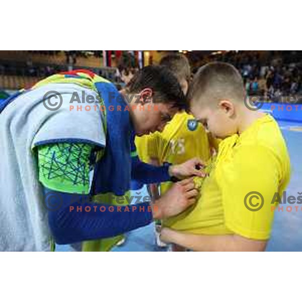 Domen Makuc in action during Men\'s Euro 2024 Qualifiers handball match between Slovenia and Montenegro in Koper, Slovenia on March 12, 2023