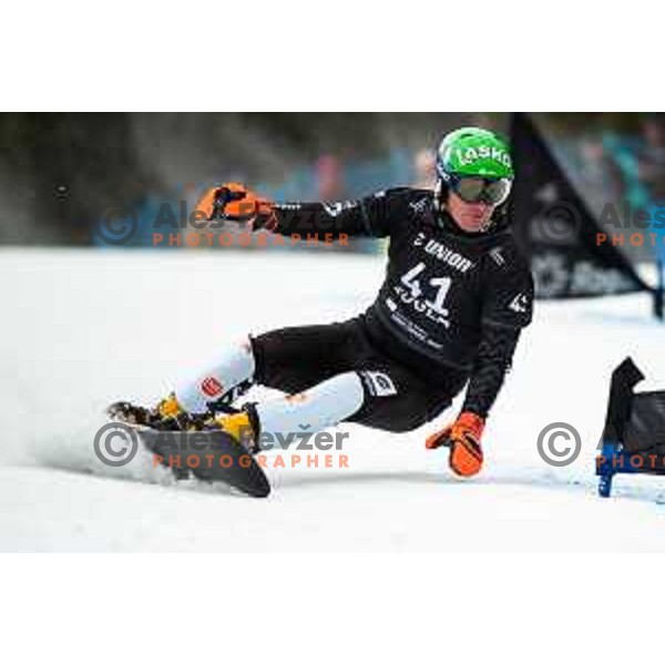 Rok Marguc competes at FIS Snowboard World Cup Parallel Giant Slalom at Rogla Ski resort, Slovenia on March 15, 2023