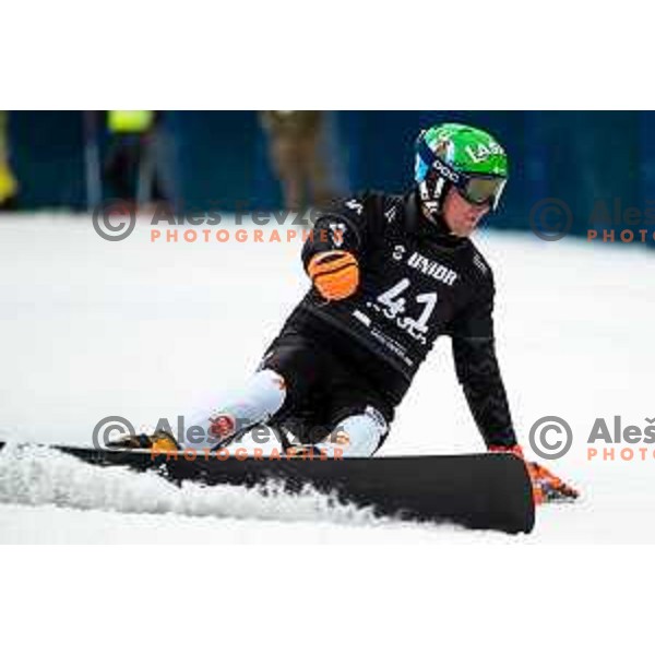 Rok Marguc competes at FIS Snowboard World Cup Parallel Giant Slalom at Rogla Ski resort, Slovenia on March 15, 2023