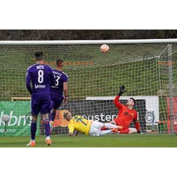 Luka Stor and Azbe Jug in action during Prva Liga Telemach 2022-2023 football match between Bravo and Maribor in Ljubljana, Slovenia on March 15, 2023