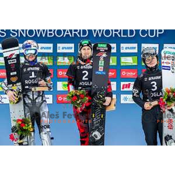 Ester Ledecka, Sabine Schöffmann, winner of FIS Snowboard World Cup Parallel Giant Slalom and Cubaki Miki at Rogla Ski resort, Slovenia on March 15, 2023