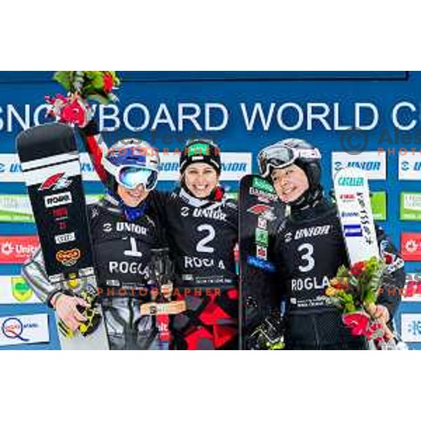 Ester Ledecka, Sabine Schöffmann, winner of FIS Snowboard World Cup Parallel Giant Slalom and Cubaki Miki at Rogla Ski resort, Slovenia on March 15, 2023