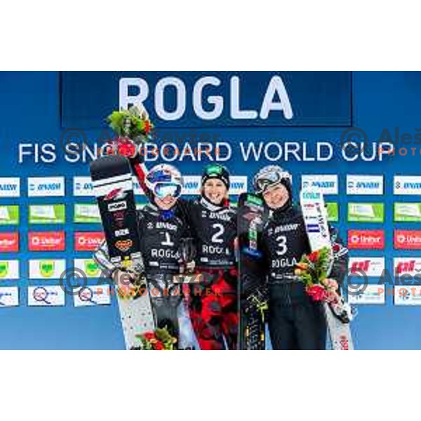 Ester Ledecka, Sabine Schöffmann, winner of FIS Snowboard World Cup Parallel Giant Slalom and Cubaki Miki at Rogla Ski resort, Slovenia on March 15, 2023