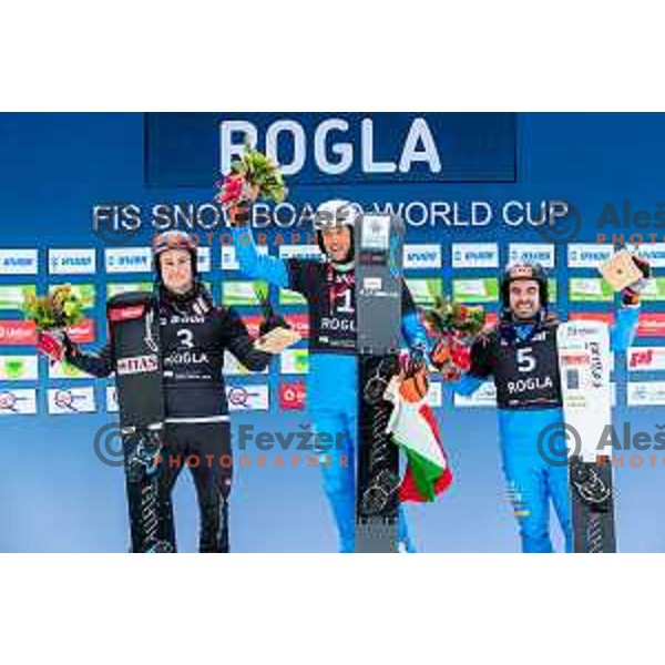 Mirko Felicetti, Roland Fischnaller, winner of FIS Snowboard World Cup Parallel Giant Slalom and Coratti at Rogla Ski resort, Slovenia on March 15, 2023