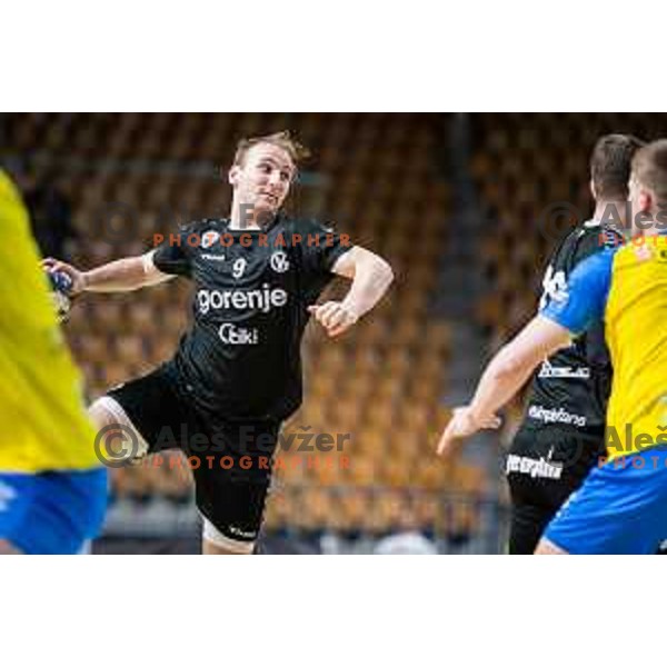 Domen Tajnik in action during Slovenian cup handball match between Celje Pivovarna Lasko and Gorenje Velenje in Arena Zlatorog, Celje, Slovenia on March 15, 2023