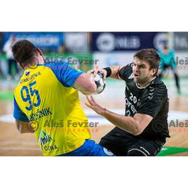 Jernej Drobez in action during Slovenian cup handball match between Celje Pivovarna Lasko and Gorenje Velenje in Arena Zlatorog, Celje, Slovenia on March 15, 2023