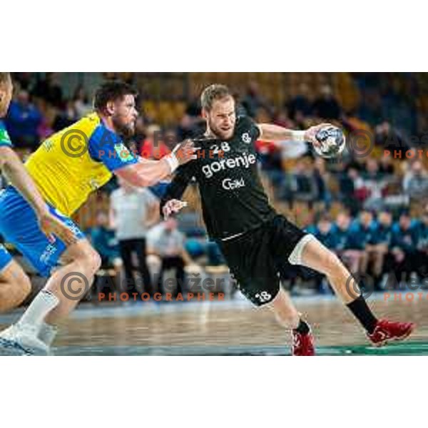 Timotej Grmsek in action during Slovenian cup handball match between Celje Pivovarna Lasko and Gorenje Velenje in Arena Zlatorog, Celje, Slovenia on March 15, 2023