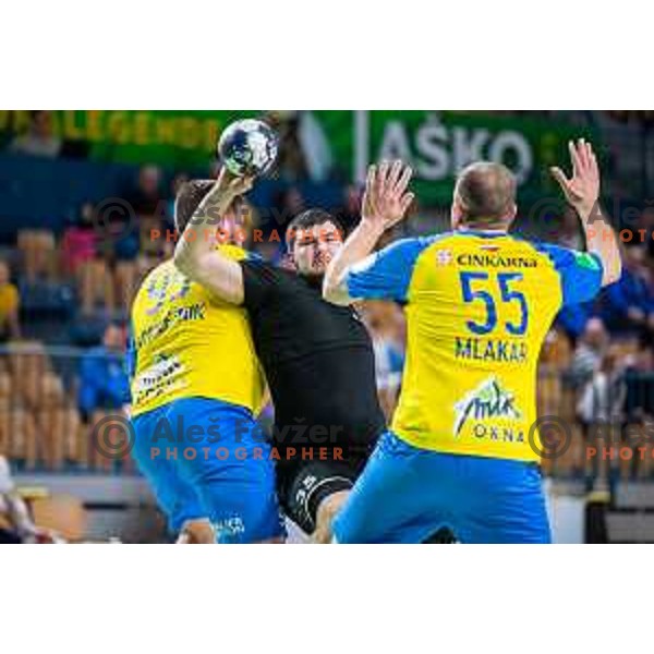 Branko Predovic in action during Slovenian cup handball match between Celje Pivovarna Lasko and Gorenje Velenje in Arena Zlatorog, Celje, Slovenia on March 15, 2023