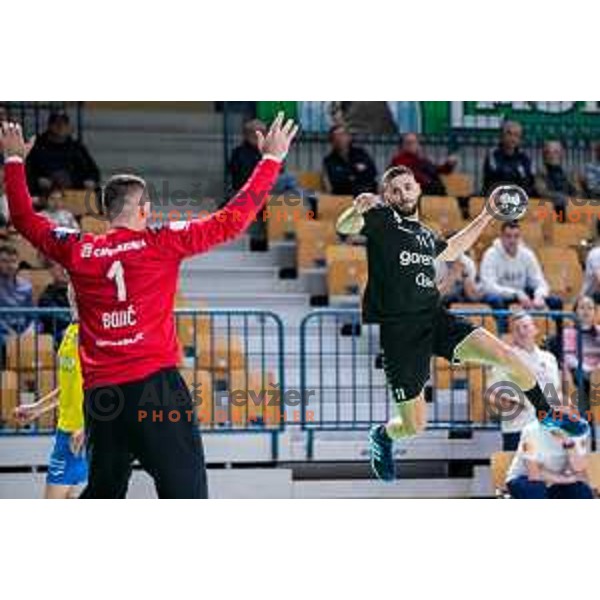 Kenan Pajt in action during Slovenian cup handball match between Celje Pivovarna Lasko and Gorenje Velenje in Arena Zlatorog, Celje, Slovenia on March 15, 2023