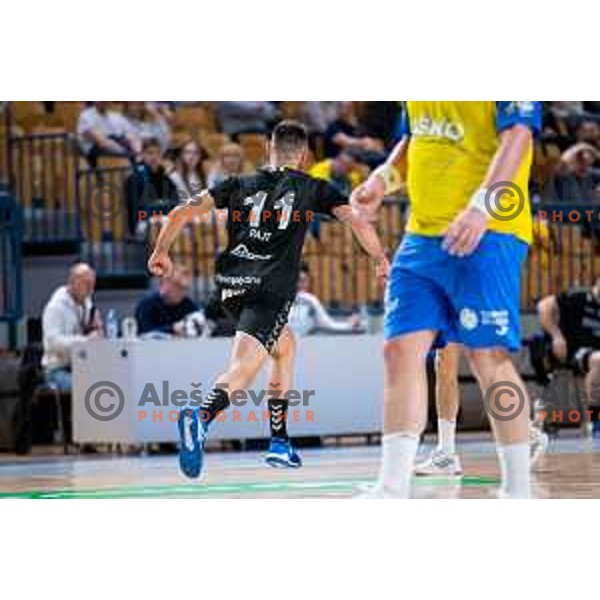 Kenan Pajt in action during Slovenian cup handball match between Celje Pivovarna Lasko and Gorenje Velenje in Arena Zlatorog, Celje, Slovenia on March 15, 2023