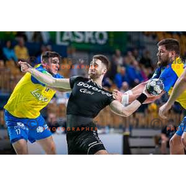 Urban Pipp in action during Slovenian cup handball match between Celje Pivovarna Lasko and Gorenje Velenje in Arena Zlatorog, Celje, Slovenia on March 15, 2023