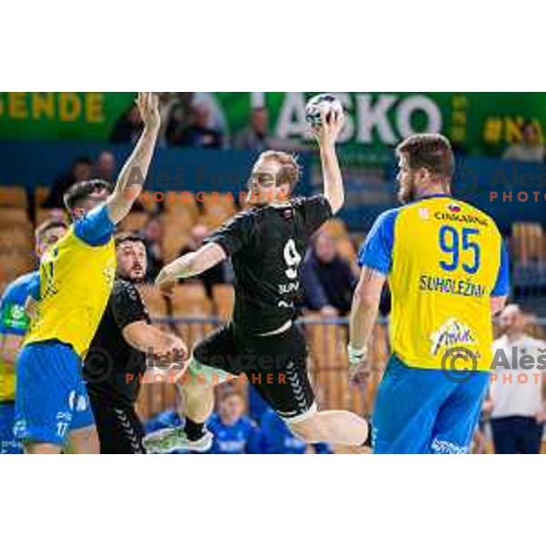 Domen Tajnik in action during Slovenian cup handball match between Celje Pivovarna Lasko and Gorenje Velenje in Arena Zlatorog, Celje, Slovenia on March 15, 2023