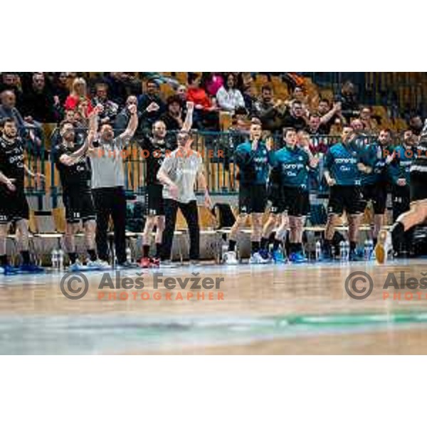 Gorenje bench during Slovenian cup handball match between Celje Pivovarna Lasko and Gorenje Velenje in Arena Zlatorog, Celje, Slovenia on March 15, 2023