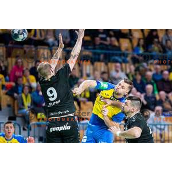 Aleks Vlah in action during Slovenian cup handball match between Celje Pivovarna Lasko and Gorenje Velenje in Arena Zlatorog, Celje, Slovenia on March 15, 2023