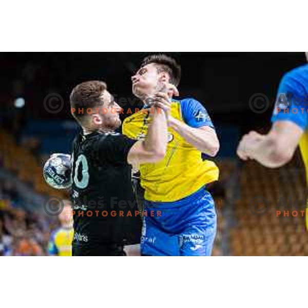 Tilen Strmljan in action during Slovenian cup handball match between Celje Pivovarna Lasko and Gorenje Velenje in Arena Zlatorog, Celje, Slovenia on March 15, 2023