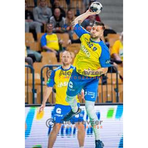 Aleks Vlah in action during Slovenian cup handball match between Celje Pivovarna Lasko and Gorenje Velenje in Arena Zlatorog, Celje, Slovenia on March 15, 2023