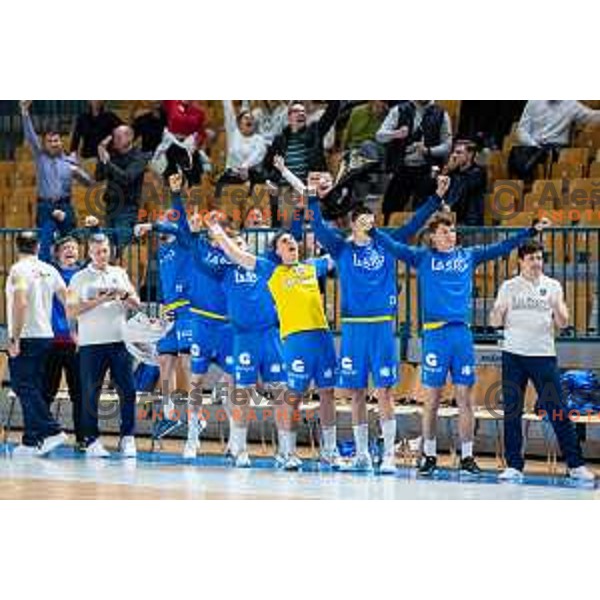 Celje bench during Slovenian cup handball match between Celje Pivovarna Lasko and Gorenje Velenje in Arena Zlatorog, Celje, Slovenia on March 15, 2023