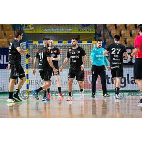 in action during Slovenian cup handball match between Celje Pivovarna Lasko and Gorenje Velenje in Arena Zlatorog, Celje, Slovenia on March 15, 2023