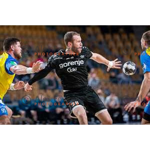 Timotej Grmsek in action during Slovenian cup handball match between Celje Pivovarna Lasko and Gorenje Velenje in Arena Zlatorog, Celje, Slovenia on March 15, 2023