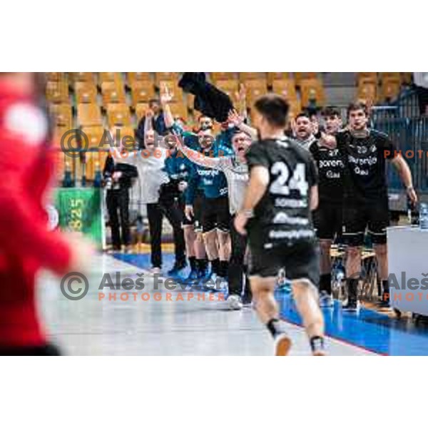 Gorenje bench during Slovenian cup handball match between Celje Pivovarna Lasko and Gorenje Velenje in Arena Zlatorog, Celje, Slovenia on March 15, 2023