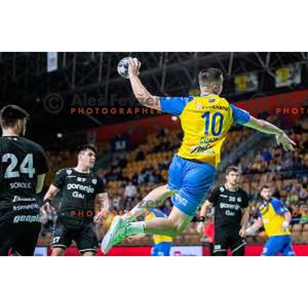 Tim Cokan in action during Slovenian cup handball match between Celje Pivovarna Lasko and Gorenje Velenje in Arena Zlatorog, Celje, Slovenia on March 15, 2023