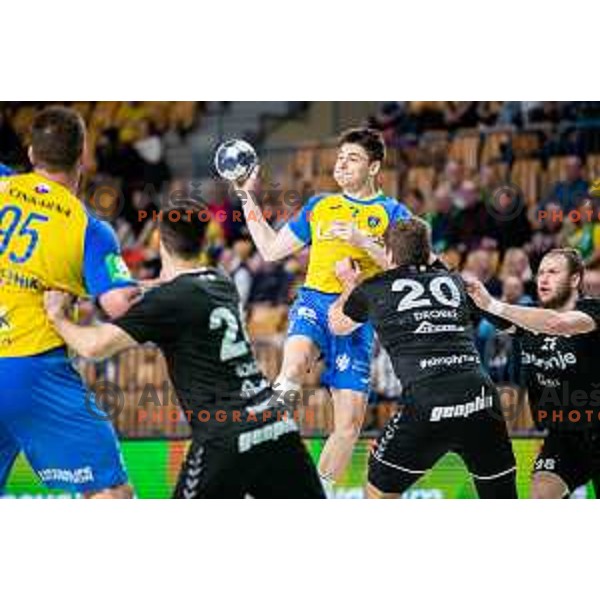 Tilen Strmljan in action during Slovenian cup handball match between Celje Pivovarna Lasko and Gorenje Velenje in Arena Zlatorog, Celje, Slovenia on March 15, 2023