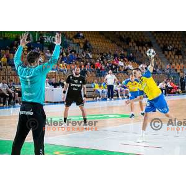 Tim Cokan in action during Slovenian cup handball match between Celje Pivovarna Lasko and Gorenje Velenje in Arena Zlatorog, Celje, Slovenia on March 15, 2023