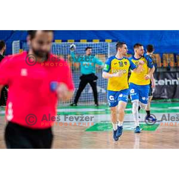 Mitja Janc in action during Slovenian cup handball match between Celje Pivovarna Lasko and Gorenje Velenje in Arena Zlatorog, Celje, Slovenia on March 15, 2023