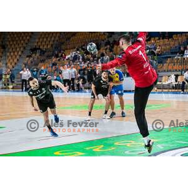 Kenan Pajt in action during Slovenian cup handball match between Celje Pivovarna Lasko and Gorenje Velenje in Arena Zlatorog, Celje, Slovenia on March 15, 2023