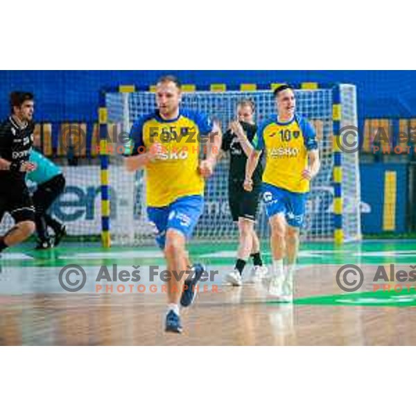 Tim Cokan in action during Slovenian cup handball match between Celje Pivovarna Lasko and Gorenje Velenje in Arena Zlatorog, Celje, Slovenia on March 15, 2023