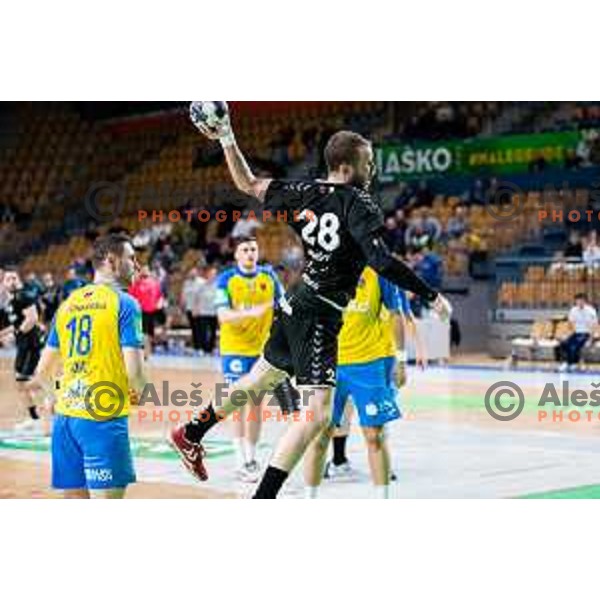 Timotej Grmsek in action during Slovenian cup handball match between Celje Pivovarna Lasko and Gorenje Velenje in Arena Zlatorog, Celje, Slovenia on March 15, 2023