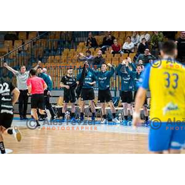 in action during Slovenian cup handball match between Celje Pivovarna Lasko and Gorenje Velenje in Arena Zlatorog, Celje, Slovenia on March 15, 2023