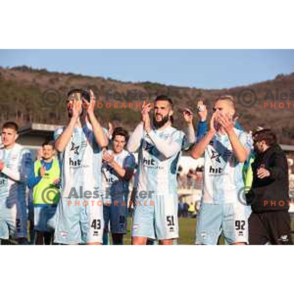 Darko Hrka, Nejc Mevlja, Tino Agic and players of Gorica celebrate victory at Prva Liga Telemach 2022-2023 football match between Tabor Sezana and Gorica in Sezana on March 16, 2023 