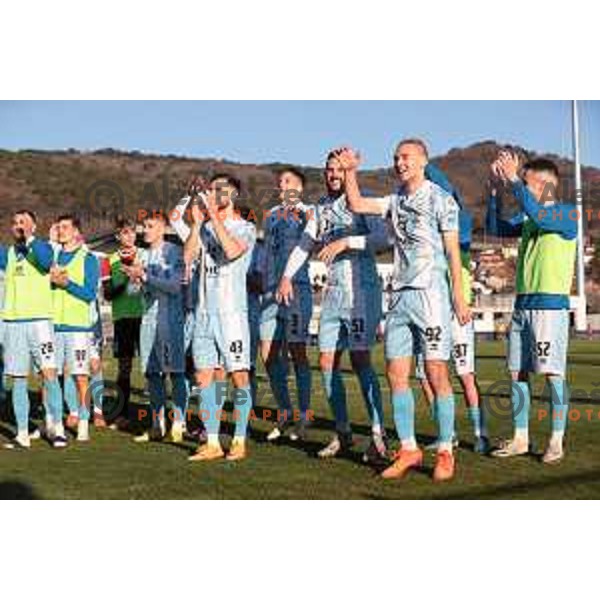 Darko Hrka, Nejc Mevlja, Tino Agic and players of Gorica celebrate victory at Prva Liga Telemach 2022-2023 football match between Tabor Sezana and Gorica in Sezana on March 16, 2023 